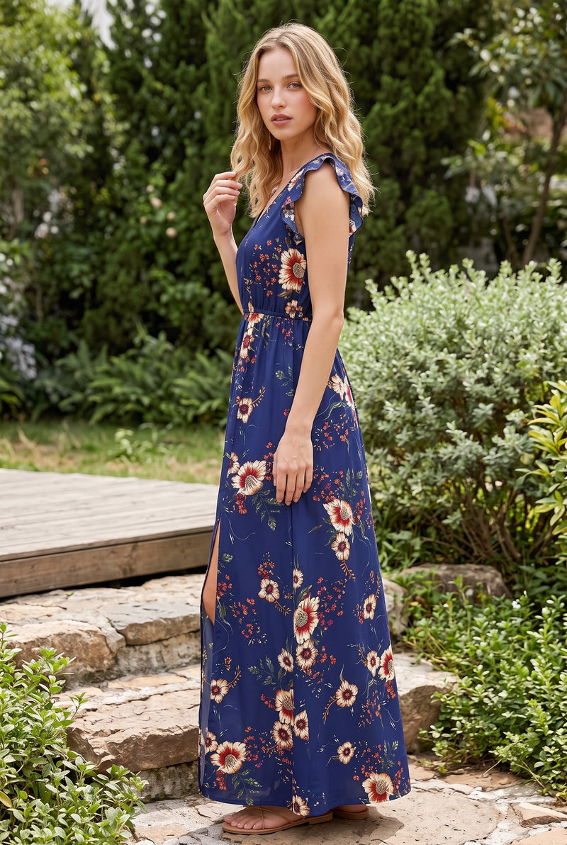 Maxikleid mit Blumenmuster, V-Ausschnitt und Rüschenärmeln in Marine – Foto 2