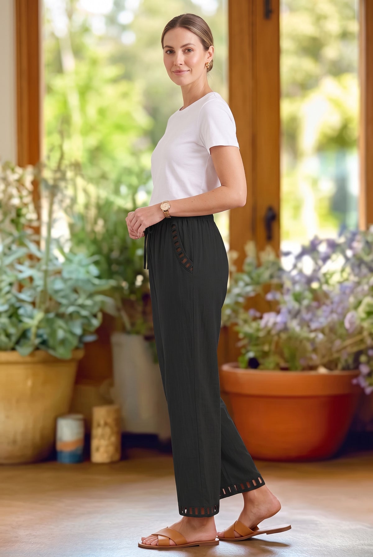 Black Elasticated Waist Linen Trousers with Lace Hem – photo 3