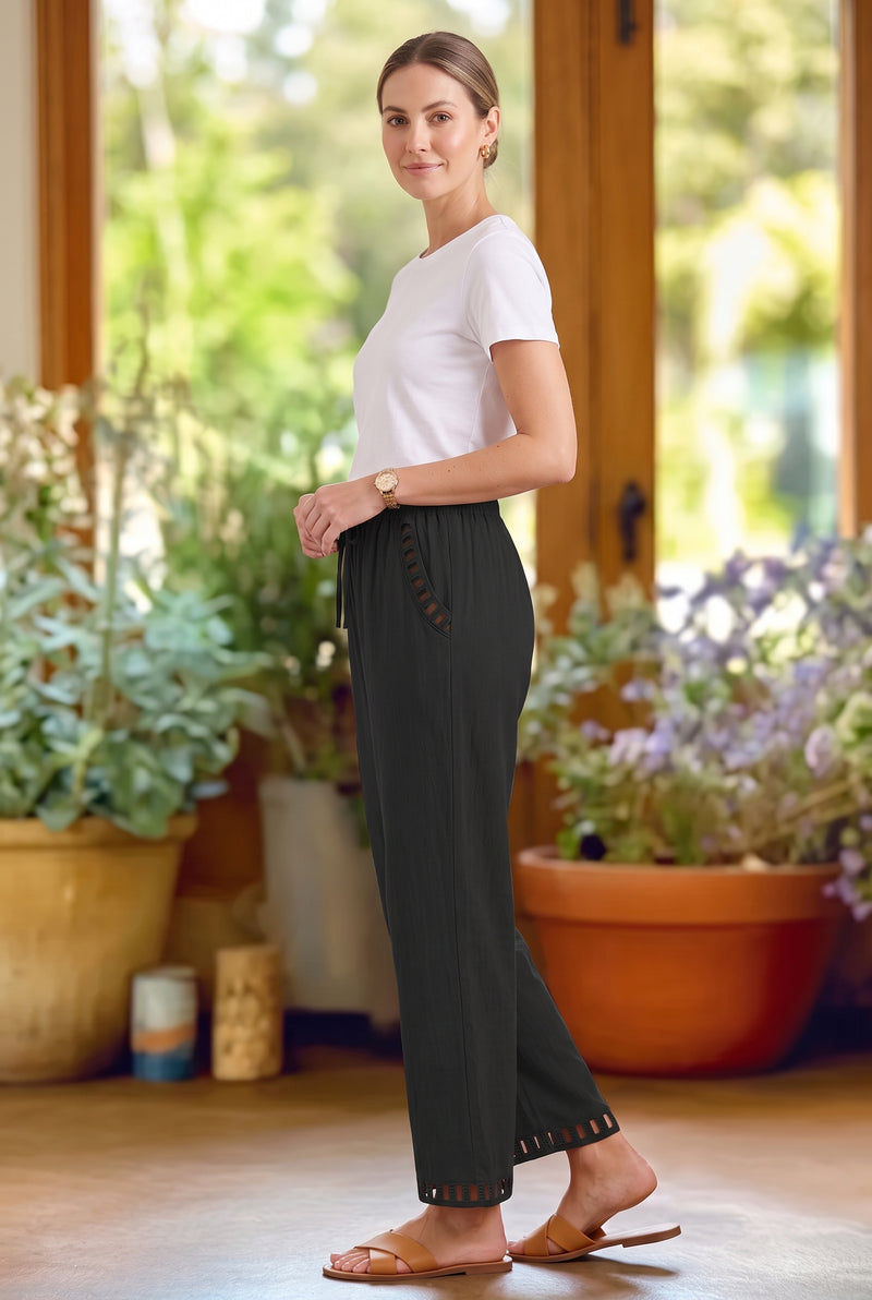 Black Elasticated Waist Linen Trousers with Lace Hem – photo 3