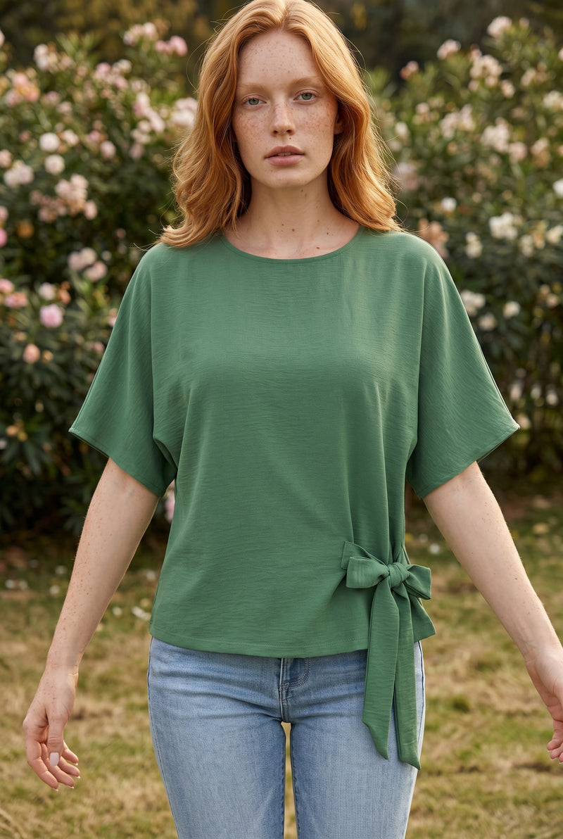 Short Sleeve Round Neck Tie Waist Linen Blend Top in green – photo 5