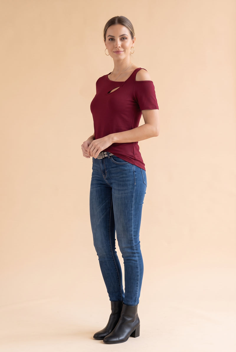 Short Sleeve Asymmetric Top with Cut-Outs in burgundy – photo 2