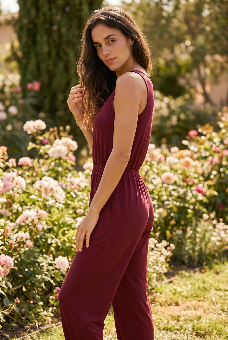 Strappy Round Neck Viscose Jumpsuit in burgundy – photo 2