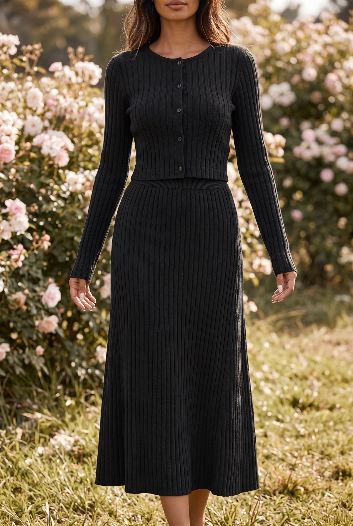 Langarm Strickset mit Knopfleiste und Midirock in Schwarz – Foto 9