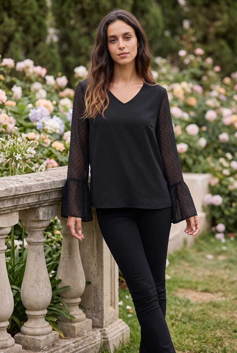 Black Long Sleeve V Neck Top with Polka Dot Sleeves