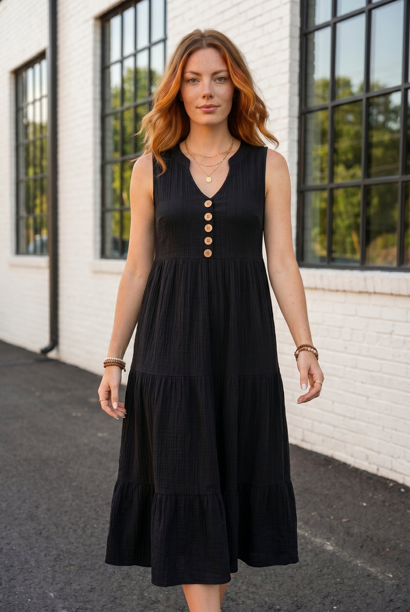 Schwarzes Midikleid mit V-Ausschnitt und Stufenrock – Foto 3