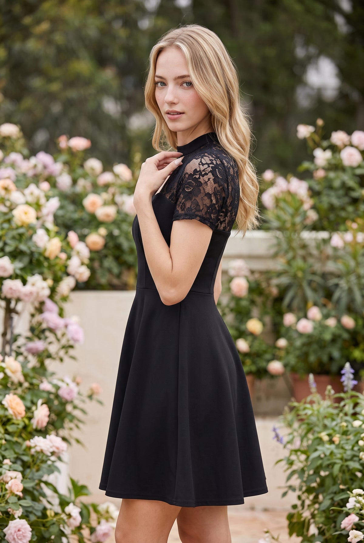 Black Lace Mini Dress with Short Sleeves – photo 2