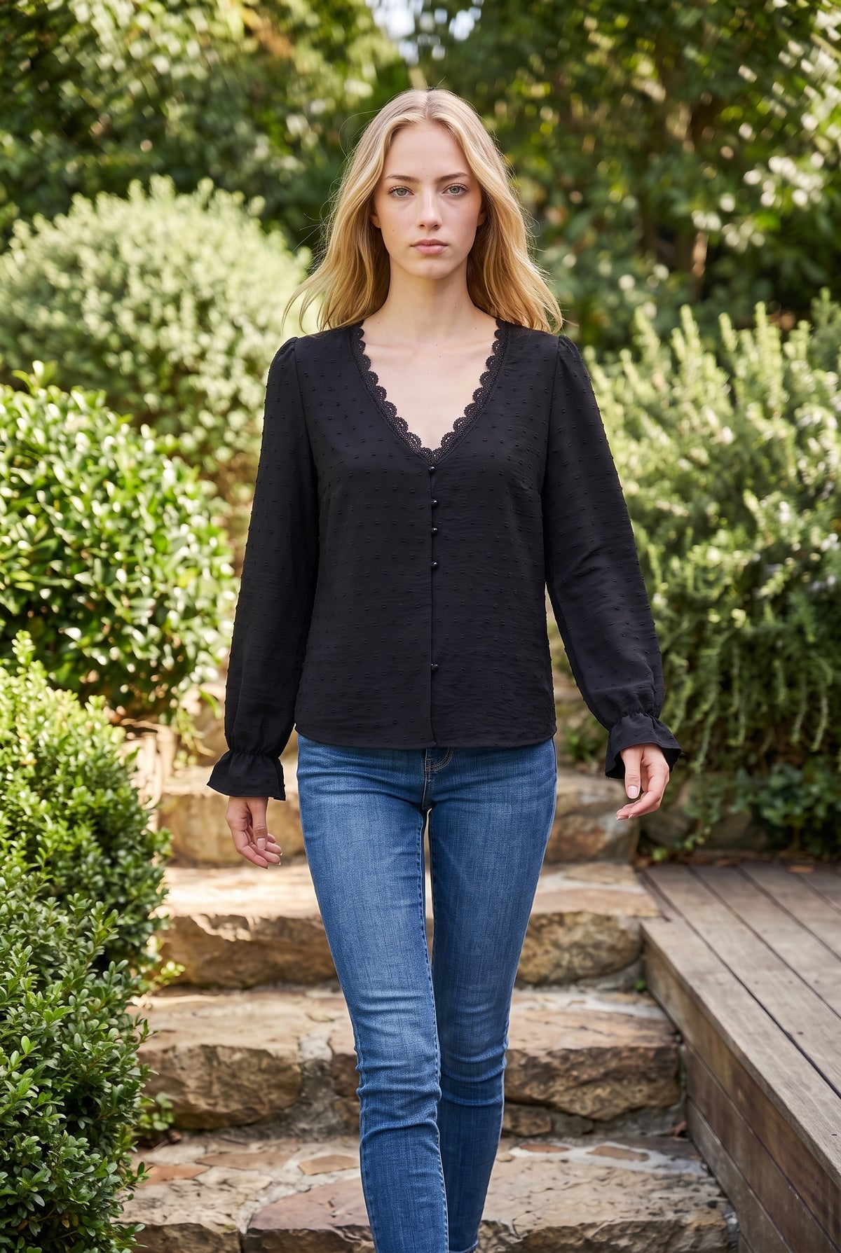 Long Sleeve V Neck Top with Lace Trim in black – photo 3
