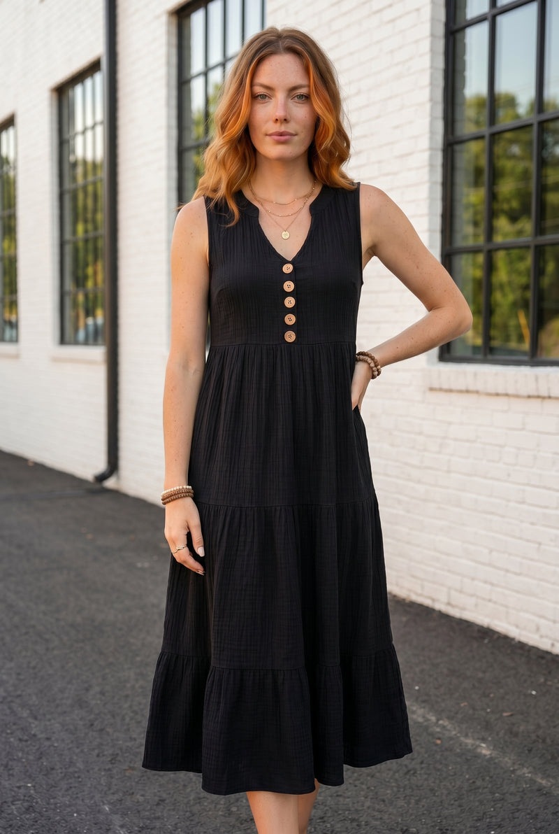 Schwarzes Midikleid mit V-Ausschnitt und Stufenrock – Foto 2