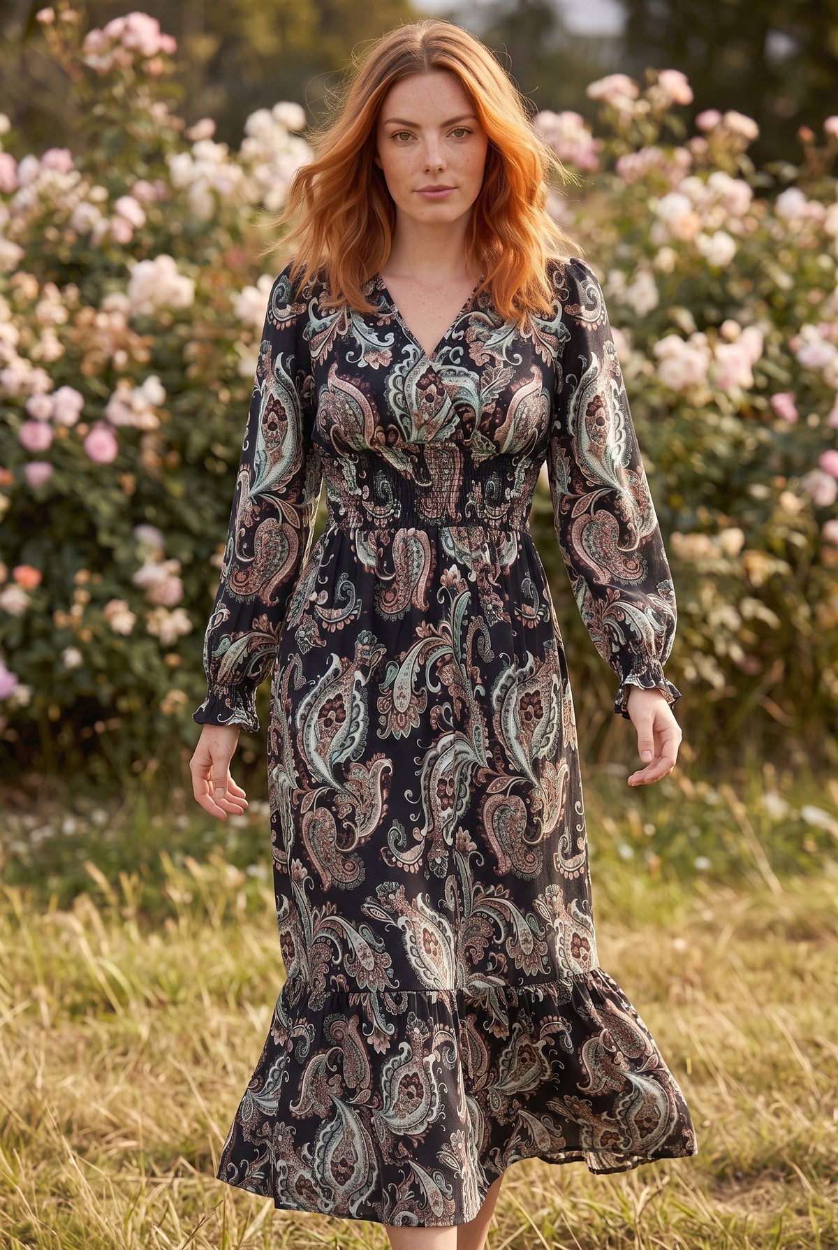Schwarzes Maxikleid mit Muster und Wickelausschnitt – Foto 3