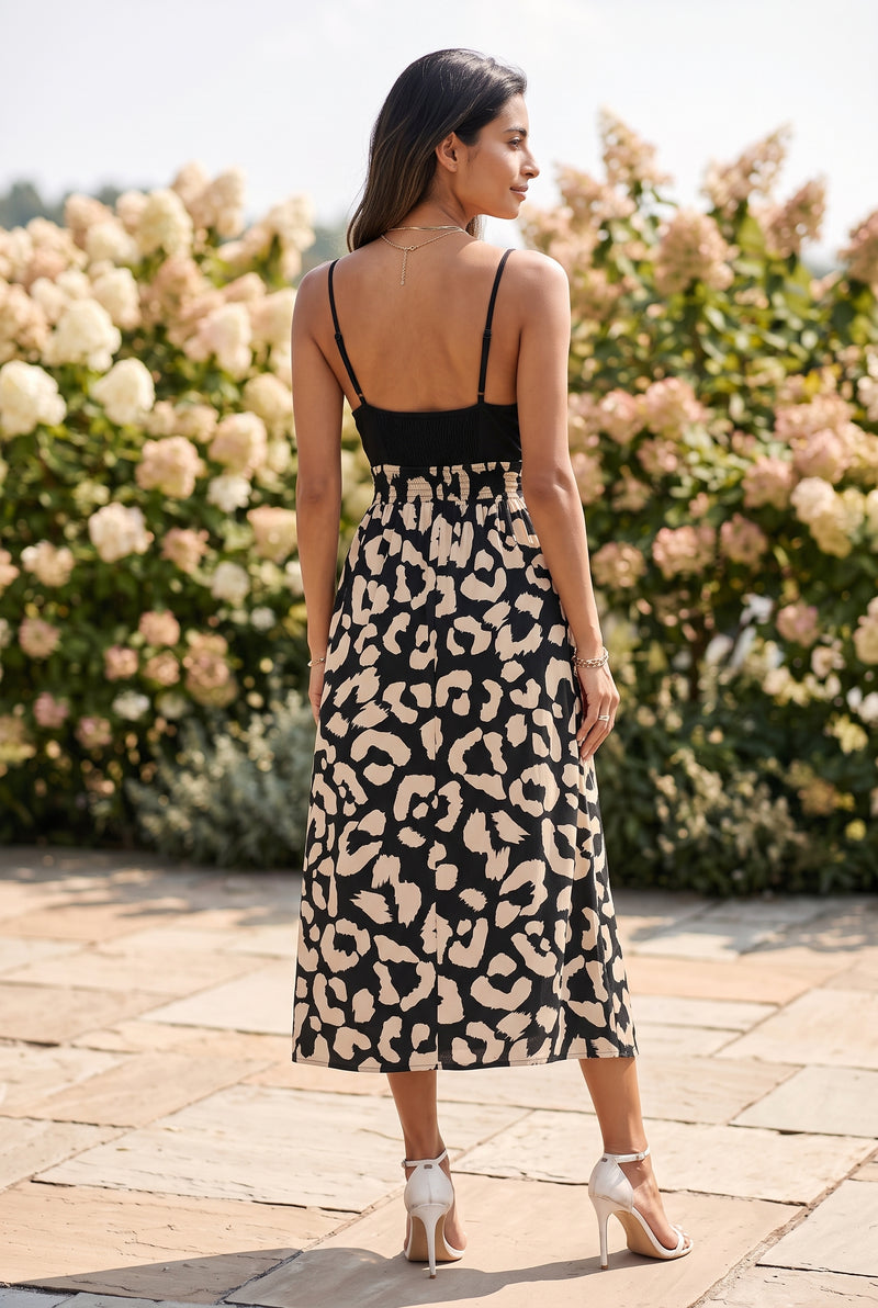 Black Leopard Print Strappy Midi Dress with Tie Waist – photo 2
