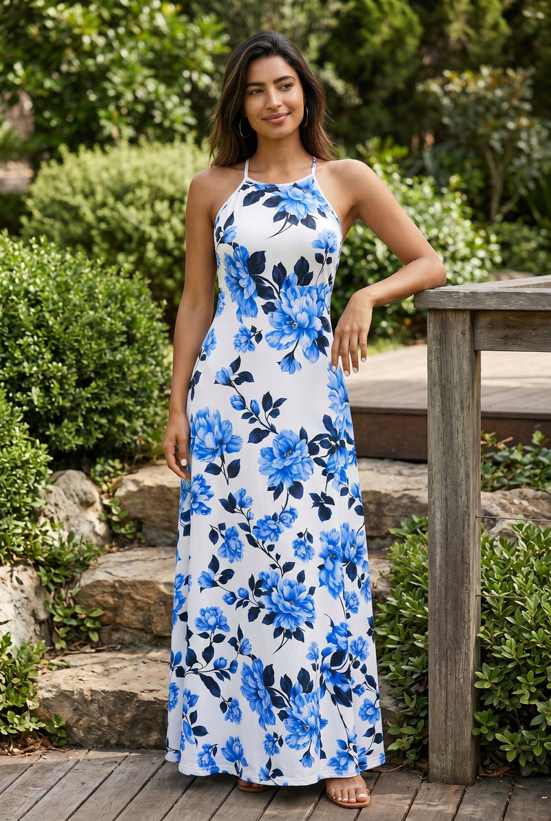 Maxikleid mit Blumenmuster und Spaghettiträgern in Blau – Foto 5