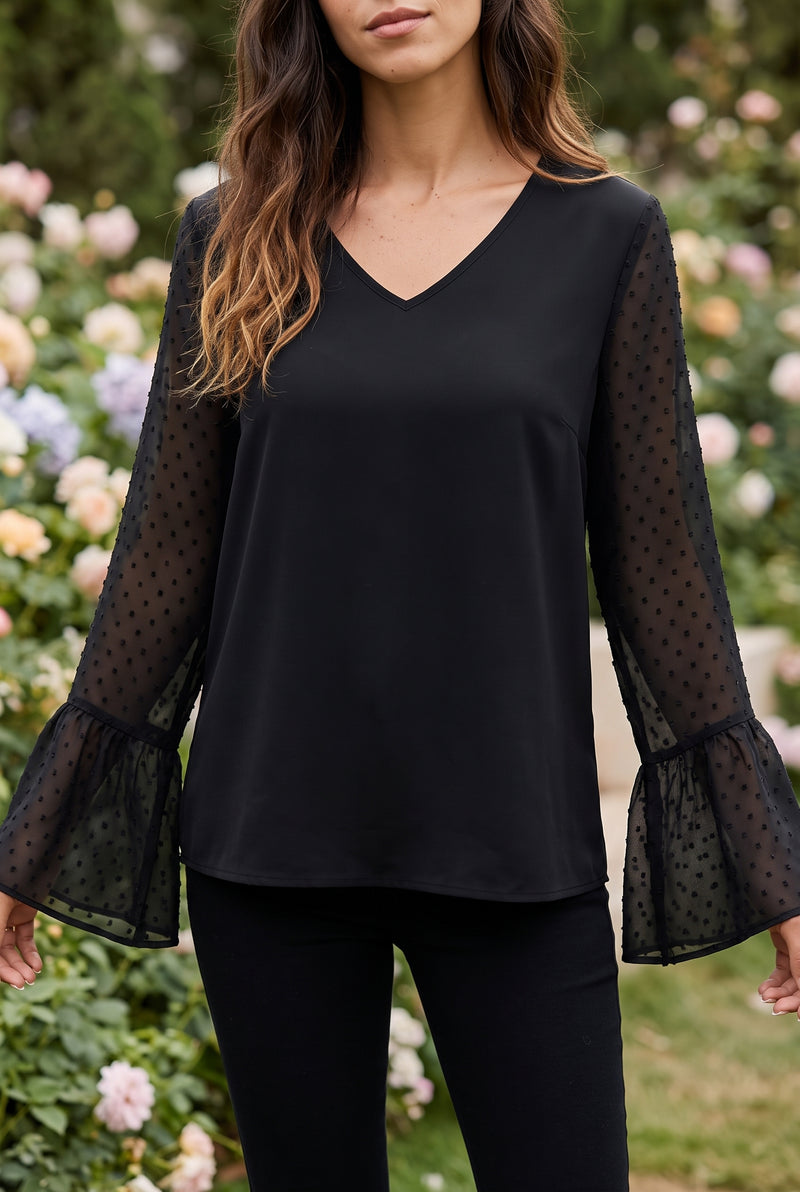 Black Long Sleeve V Neck Top with Polka Dot Sleeves – photo 5