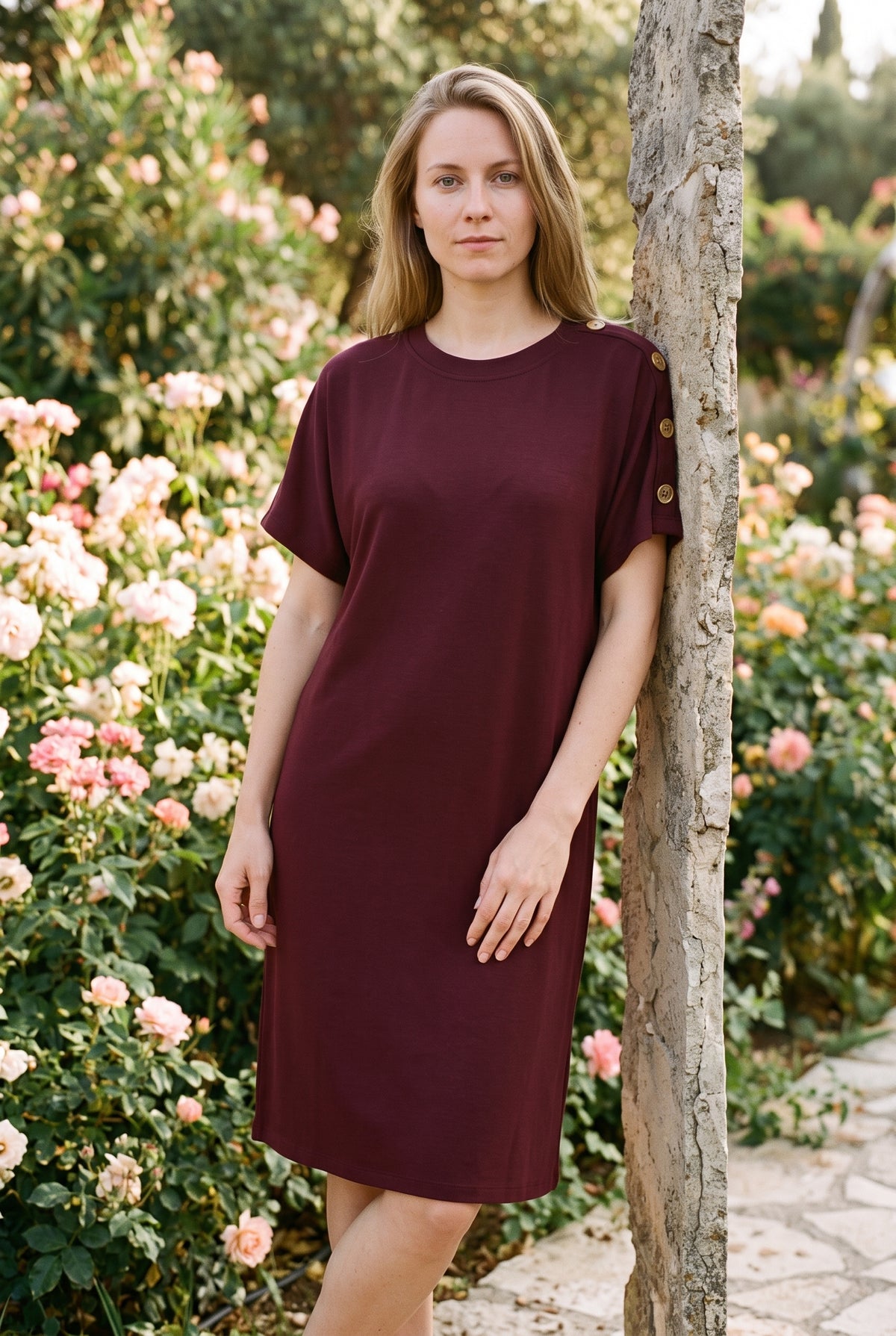 Short Sleeve Crew Neck Midi Dress with Shoulder Buttons in burgundy
