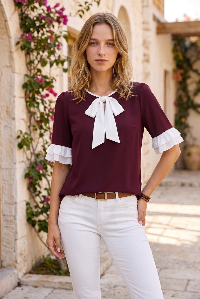 Short Sleeve Ruffled Top with Bow Tie in burgundy – photo 4