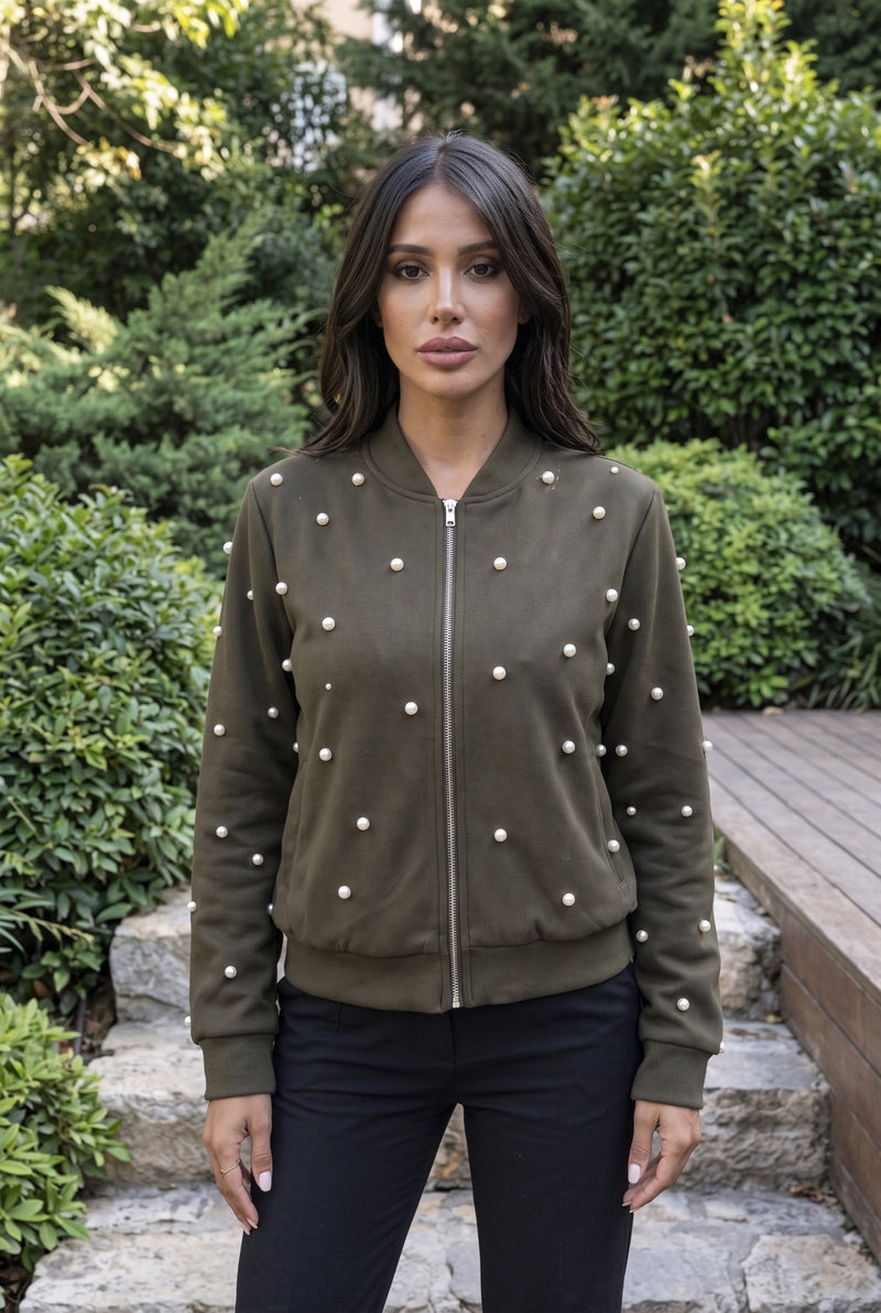 Khaki Long Sleeve Zip Front Pearl Embellished Jacket – photo 5