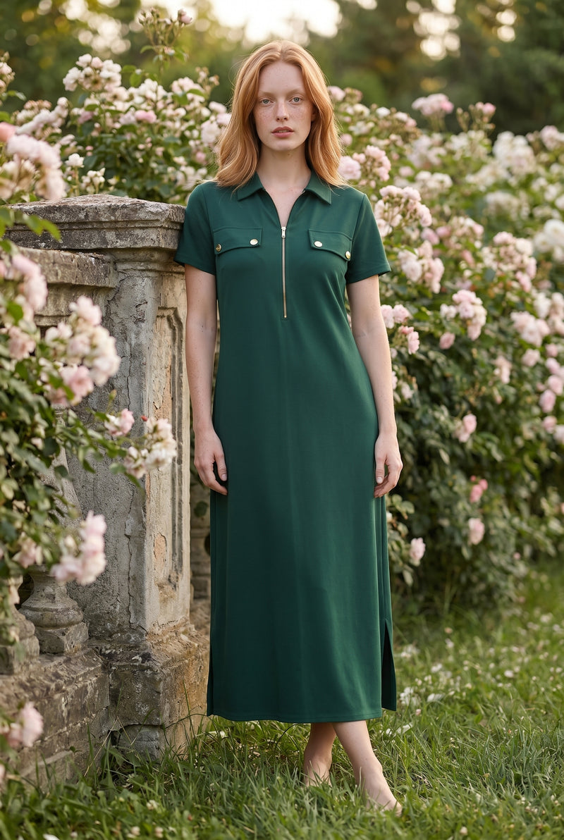 Kurzarm Maxikleid mit Reißverschluss und Kragen in Grün