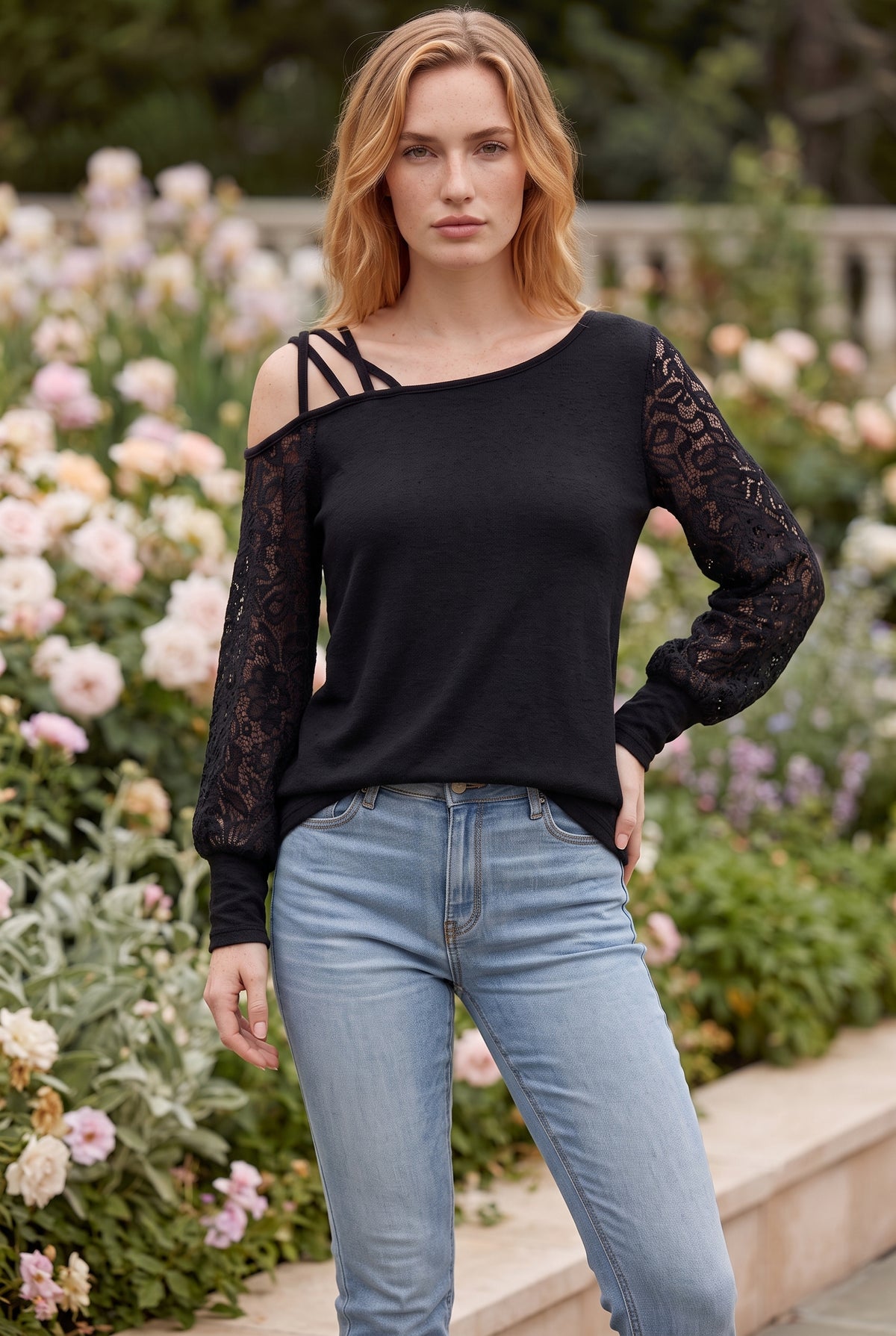 Schwarze Langarmbluse mit Spitze und One-Shoulder – Foto 4