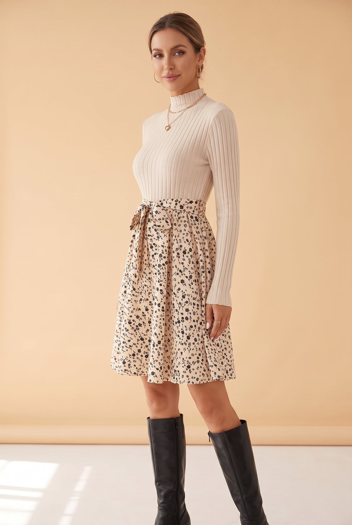 Beige Long Sleeve Mini Dress with Floral Skirt – photo 3