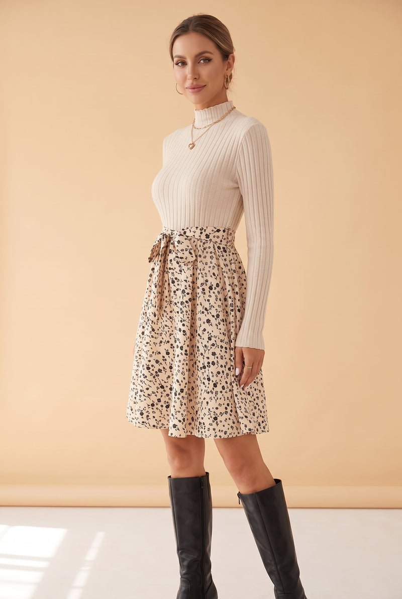 Beige Long Sleeve Mini Dress with Floral Skirt – photo 3