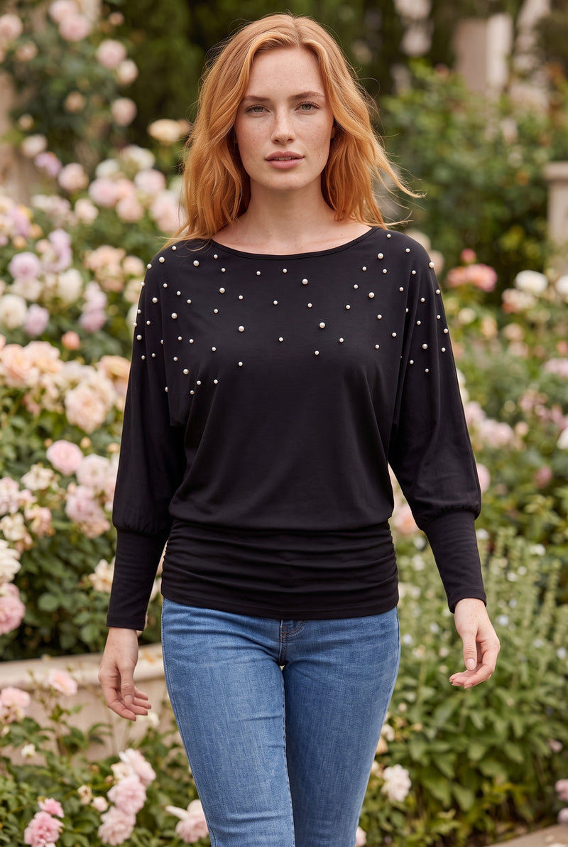 Black Long Sleeve Top with Pearl Embellishment – photo 3