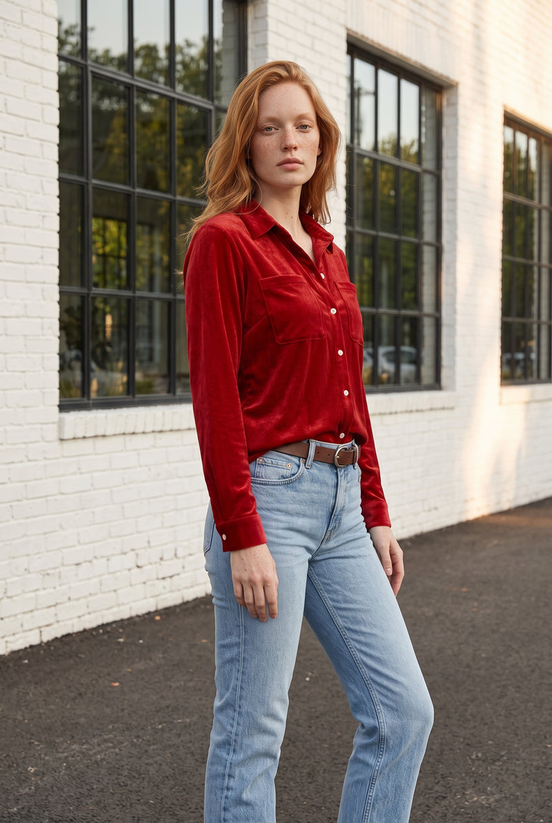 Chemise rouge en velours à manches longues – photo 4