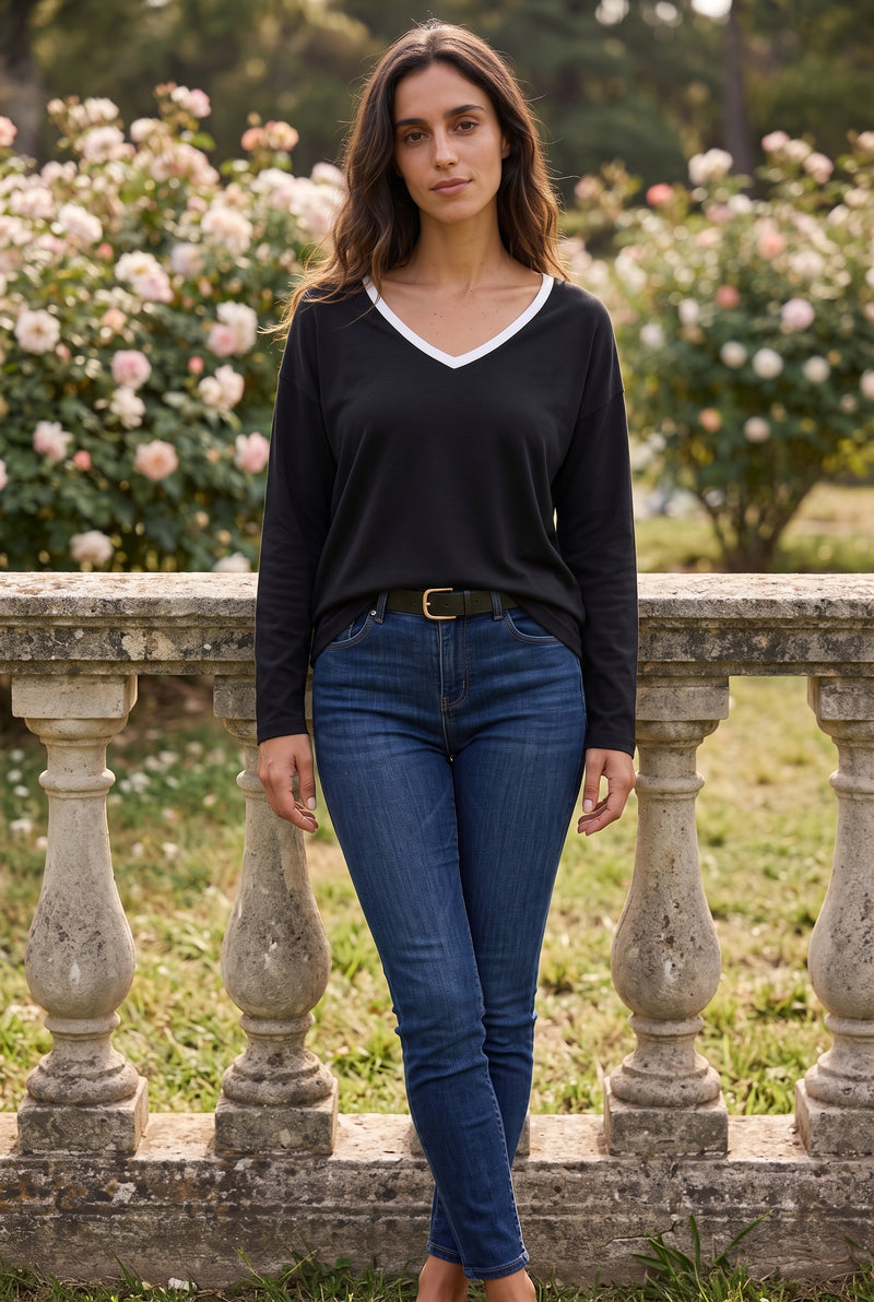 Black Long Sleeve V Neck Top with Contrast Trim