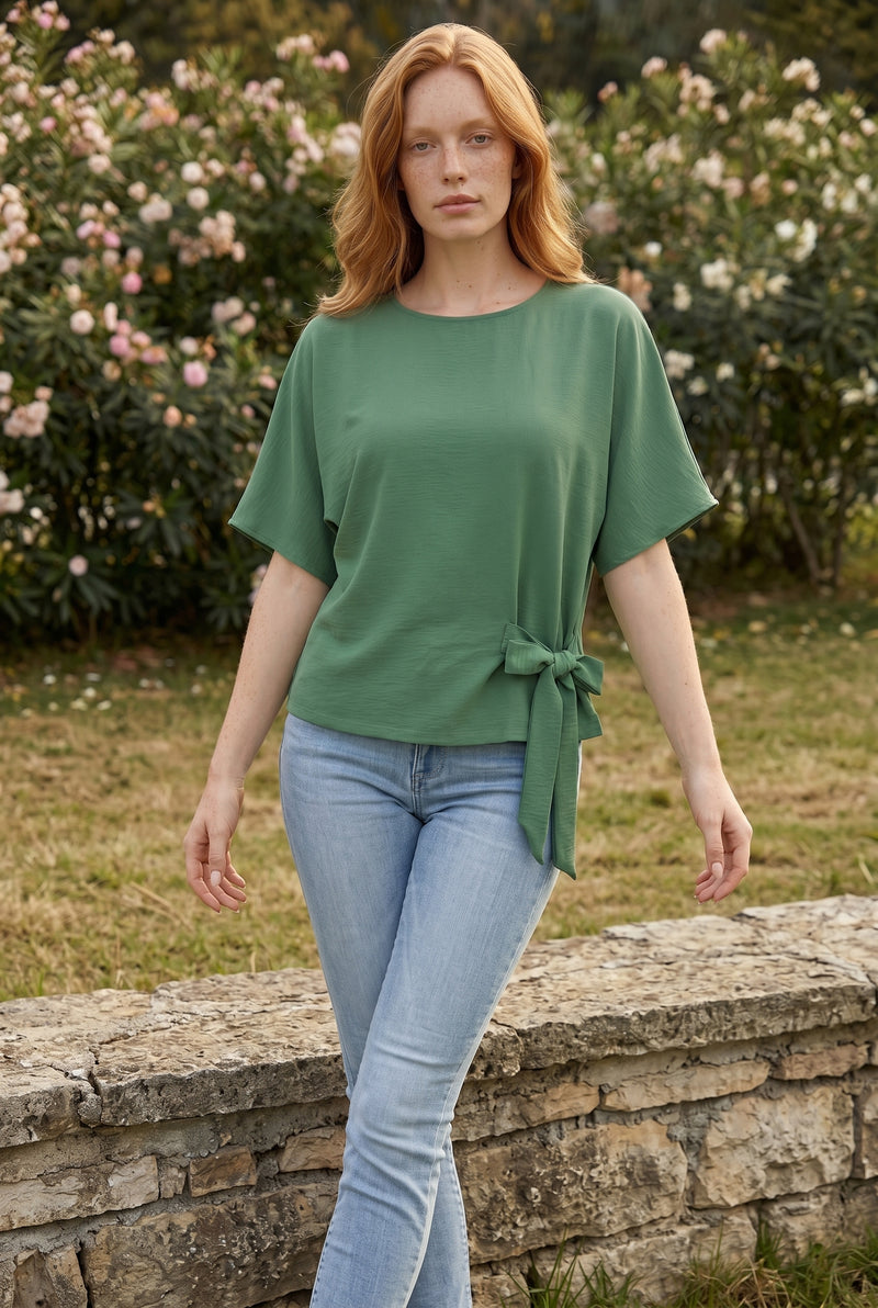 Short Sleeve Round Neck Tie Waist Linen Blend Top in green
