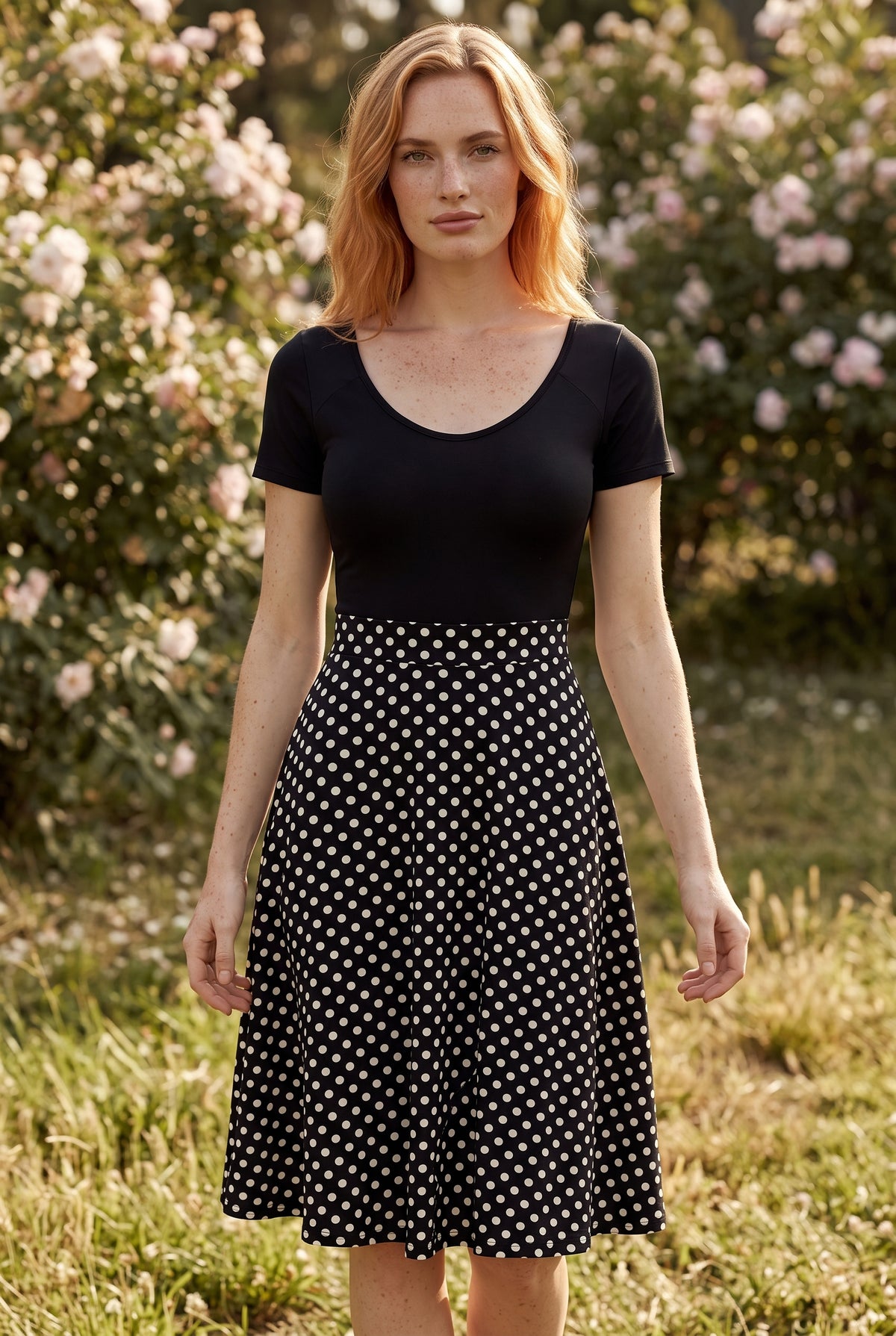A-Linie Minikleid mit V-Ausschnitt und Polka Dots in Schwarz – Foto 5