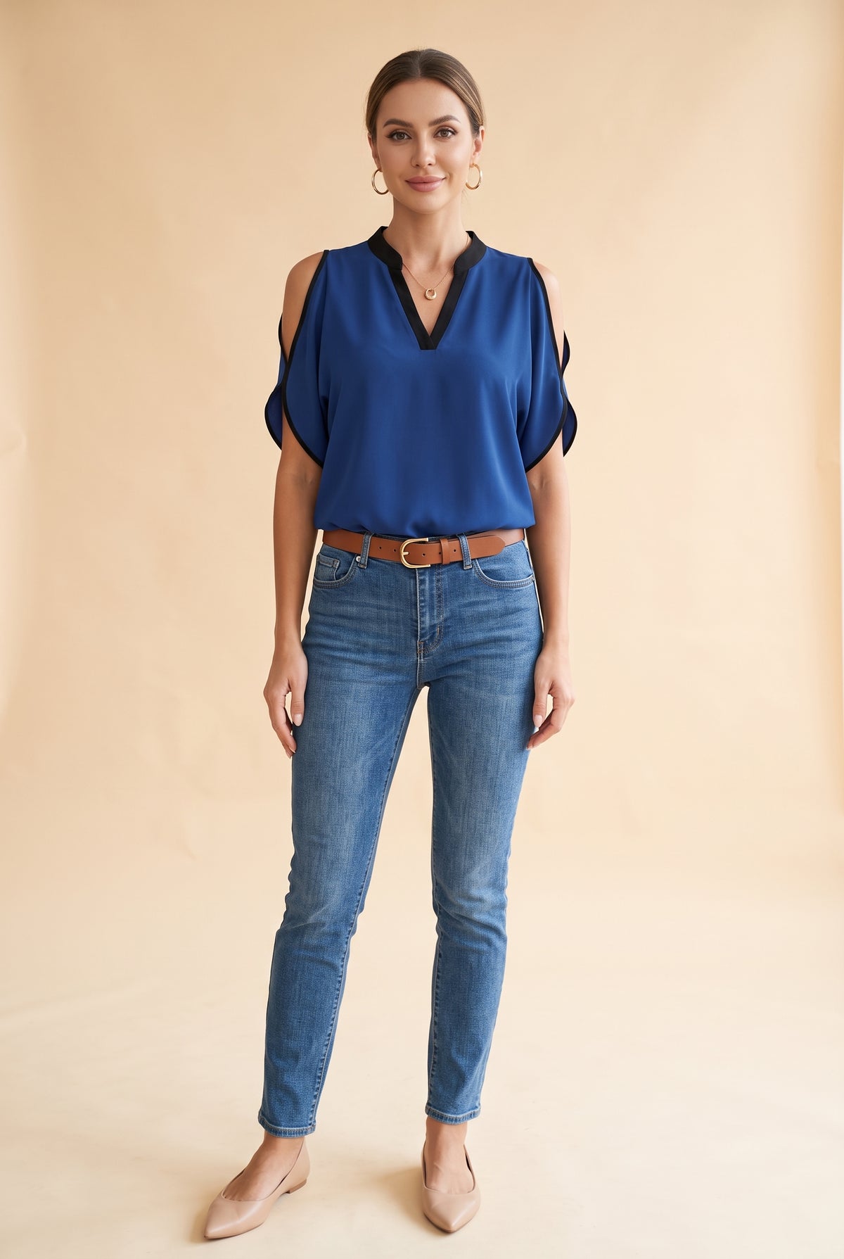 Short Sleeve V Neck Crepe Top with Cutouts in navy