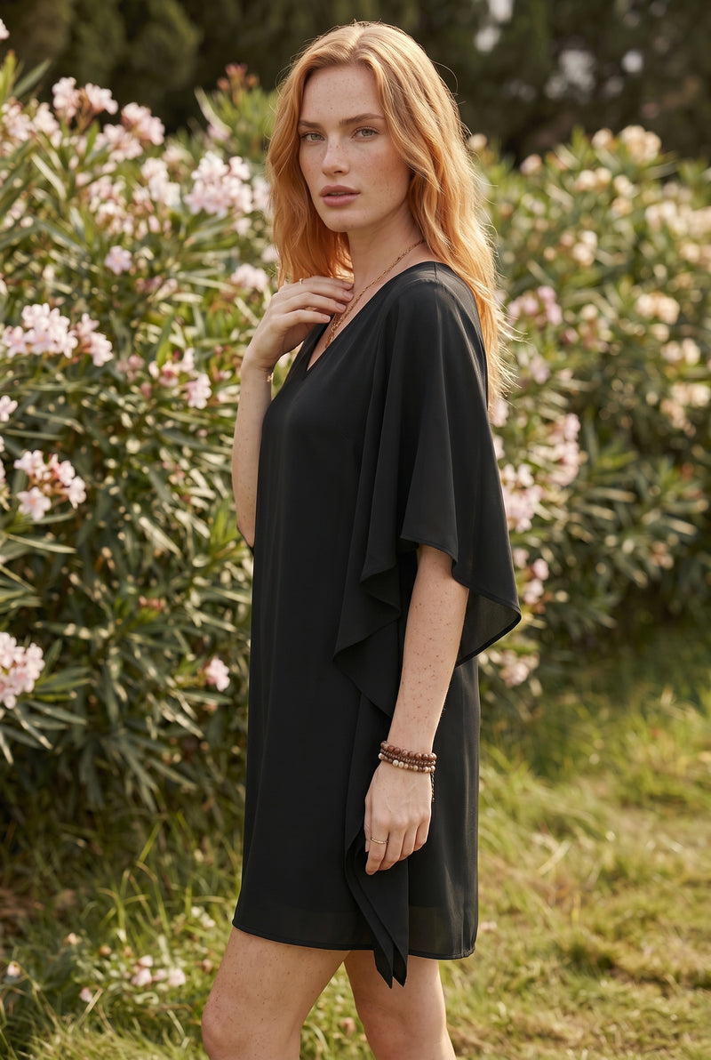 Robe courte noire à col V et manches à volants – photo 3