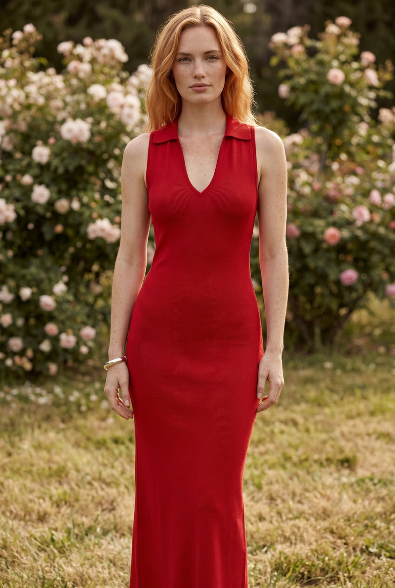 Ärmelloses V-Ausschnitt Maxikleid aus Strick in Rot – Foto 2