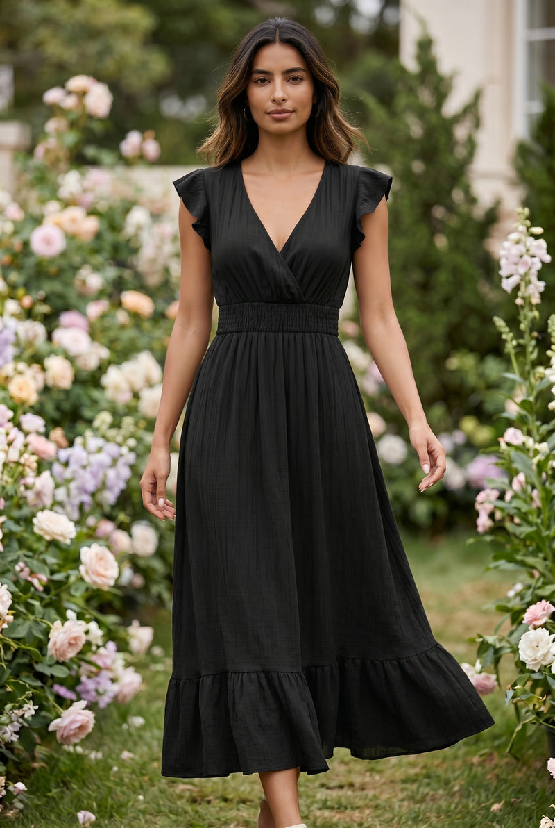 Short Sleeve Wrap Midi Dress with Ruffle Hem in black – photo 4