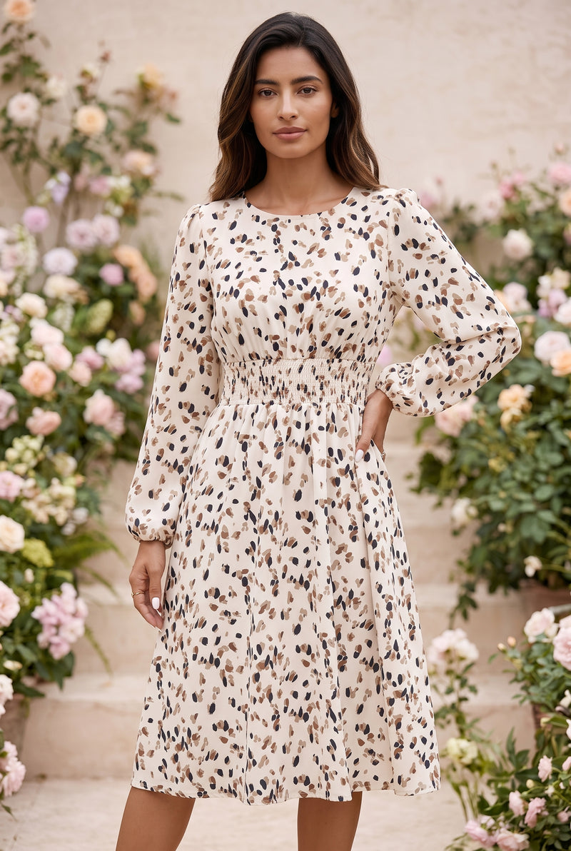 Leopard Print Long Sleeve Midi Dress in beige – photo 4