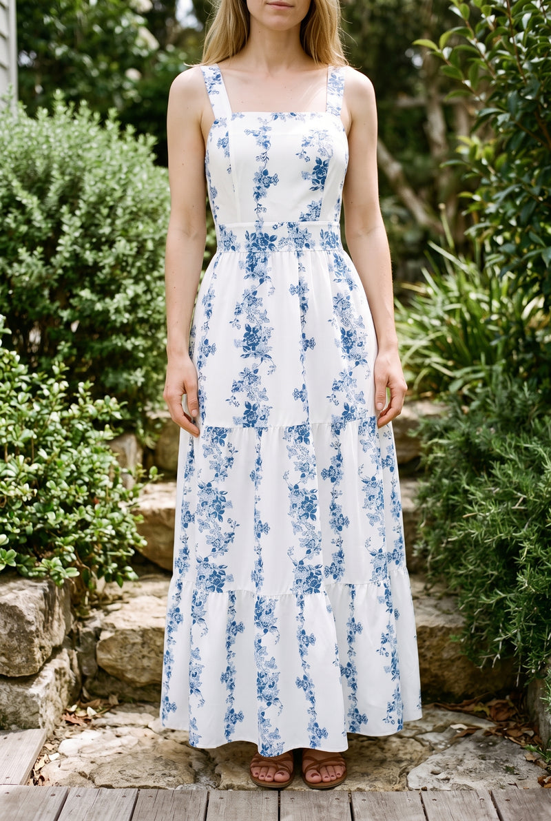 Floral Square Neck Strappy Maxi Dress in blue
