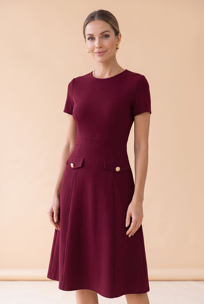 Short Sleeve Crew Neck Crepe Midi Dress with Pockets in burgundy – photo 10