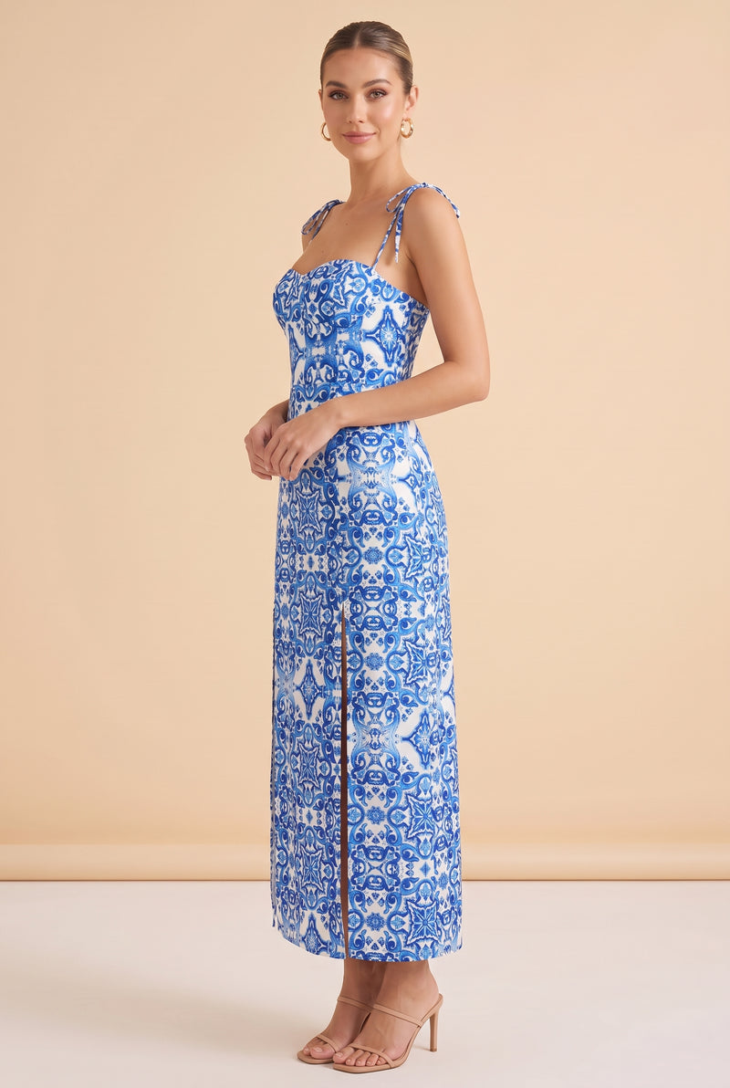 Blue Patterned Strappy Midi Dress with Slit – photo 2