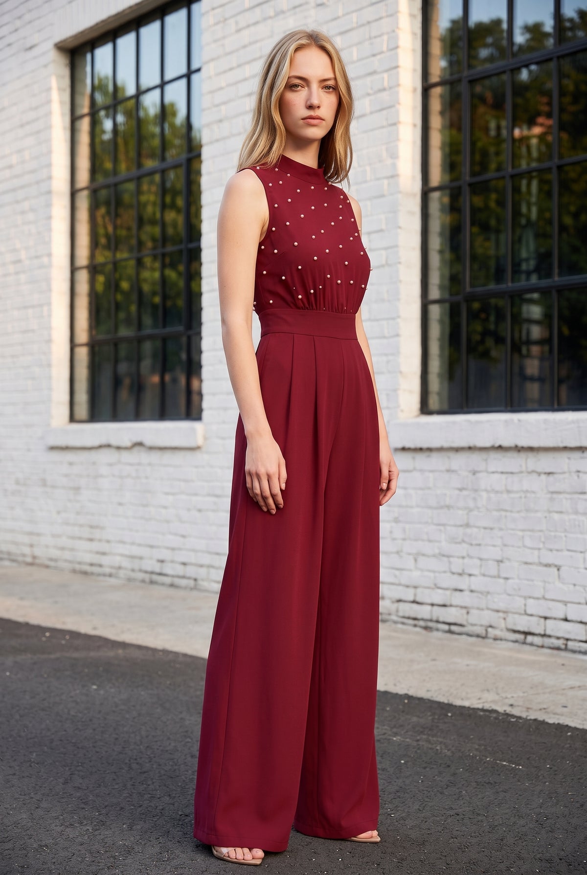 Ärmelloser Rollkragen Jumpsuit mit Weitem Bein in Rot – Foto 4