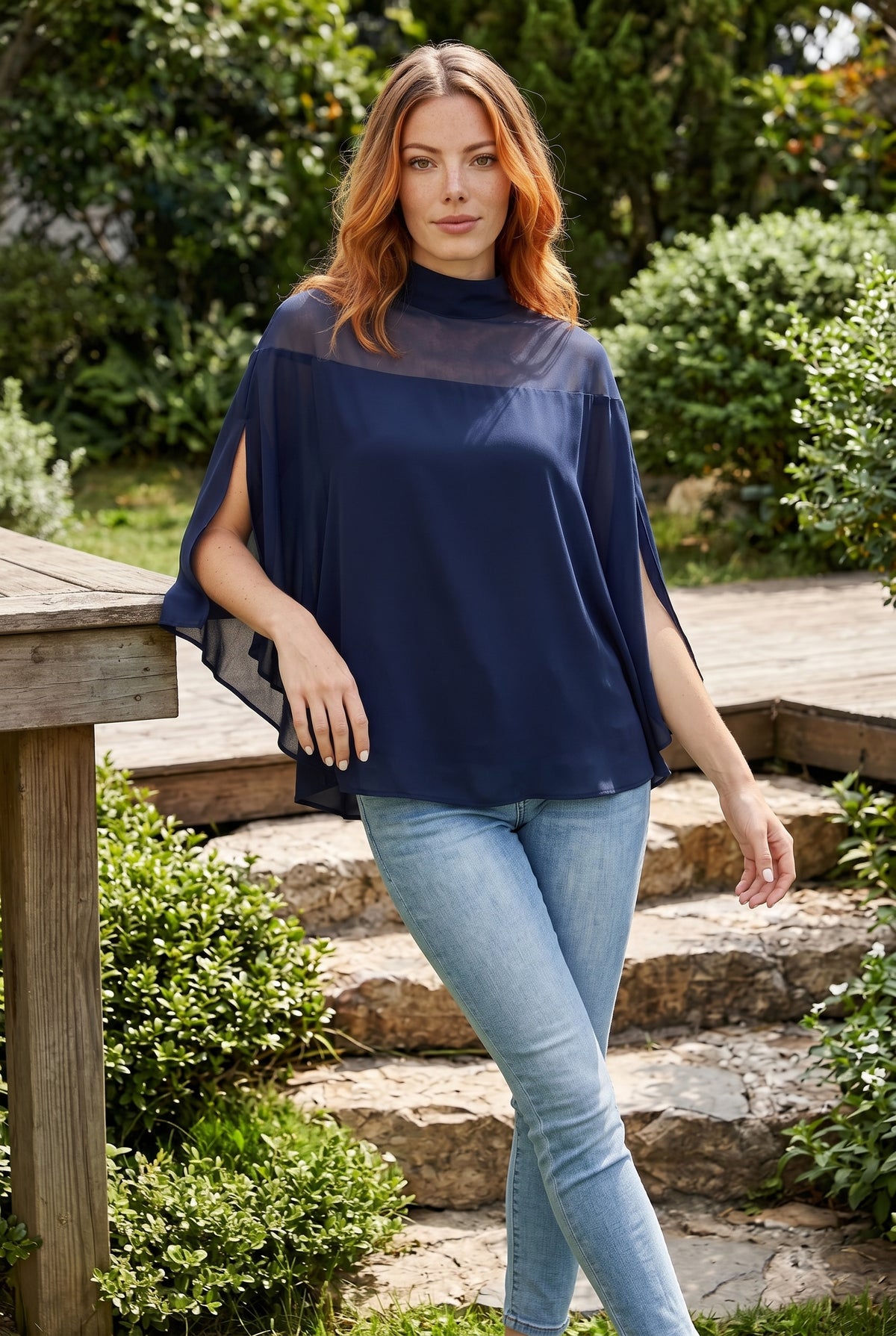 Oversized Long Sleeve Top with Turtleneck in navy