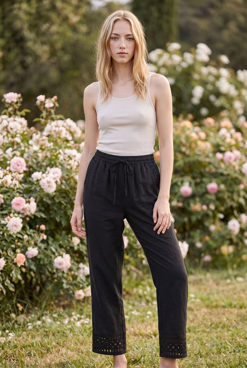 Black Elasticated Waist Linen Trousers with Lace Hem – photo 4