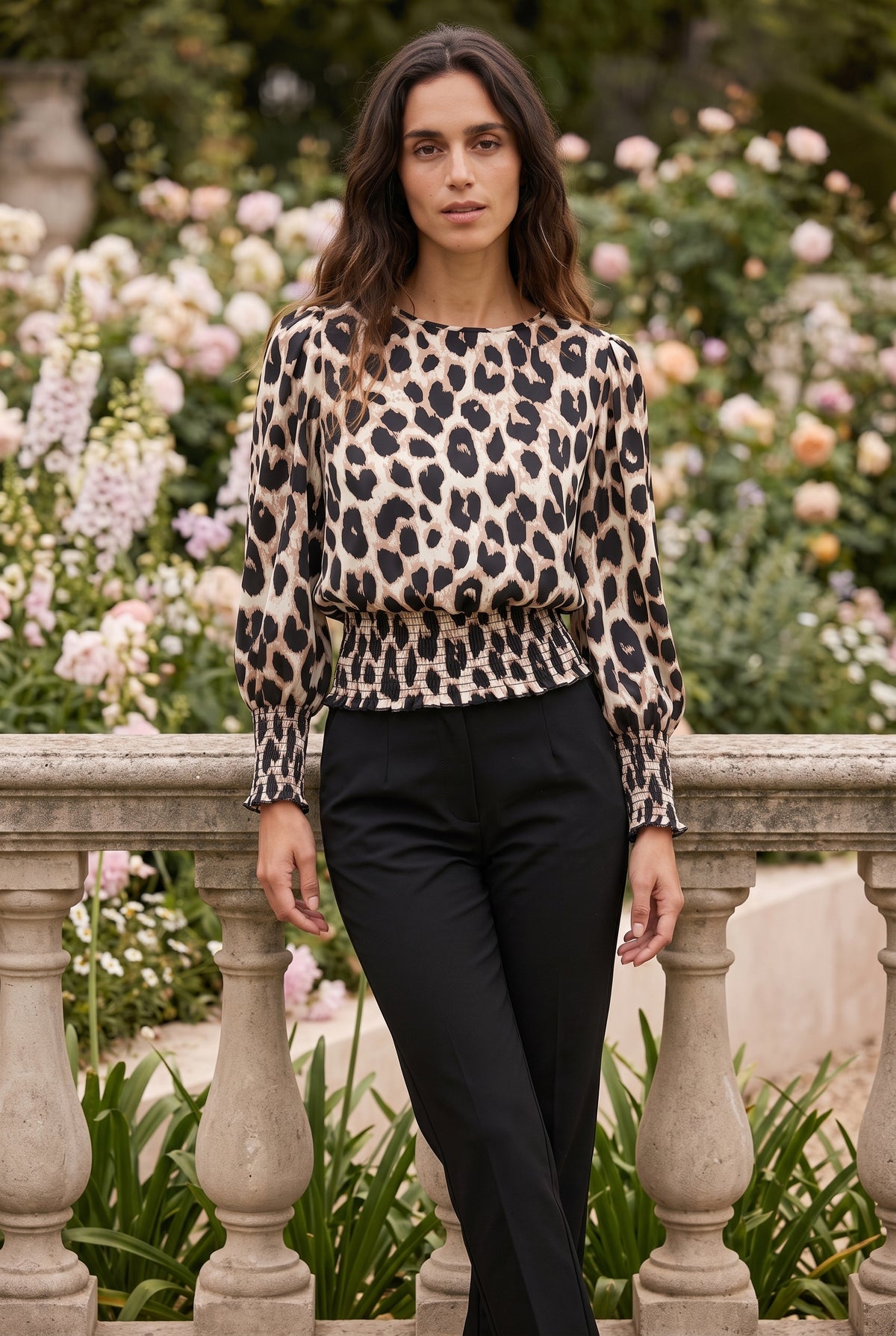 Leopard Print Long Sleeve Top with Smocked Waist