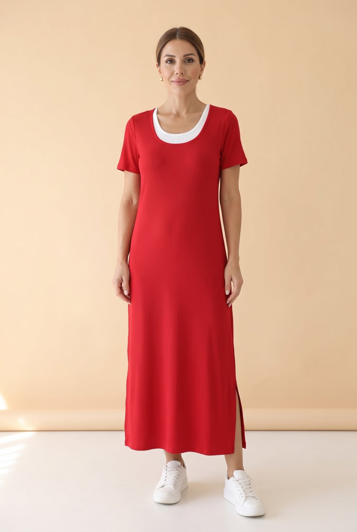 Short Sleeve Viscose Long Dress with Slit in red