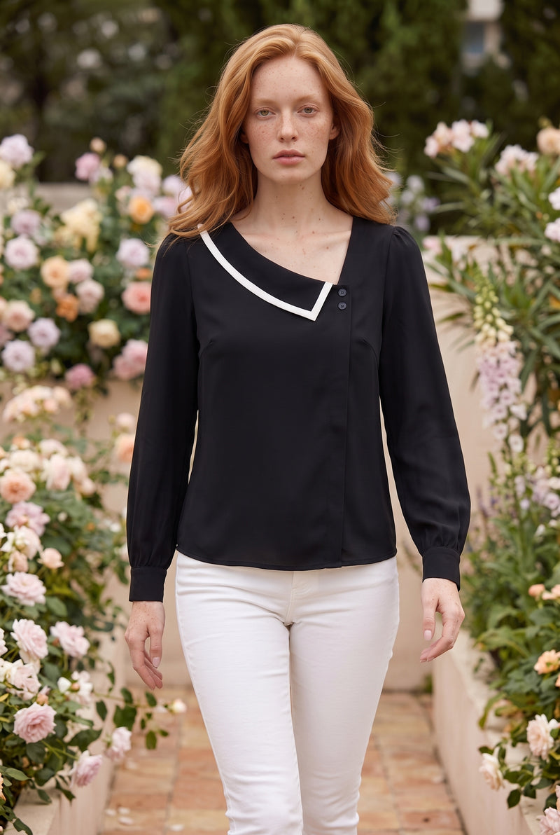 Black Long Sleeve Top with Asymmetric Collar – photo 3