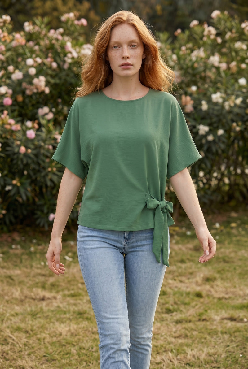 Short Sleeve Round Neck Tie Waist Linen Blend Top in green – photo 3