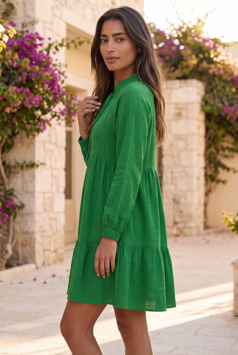 Long Sleeve Mini Dress with Tie Neck and Tiered Skirt in green – photo 2