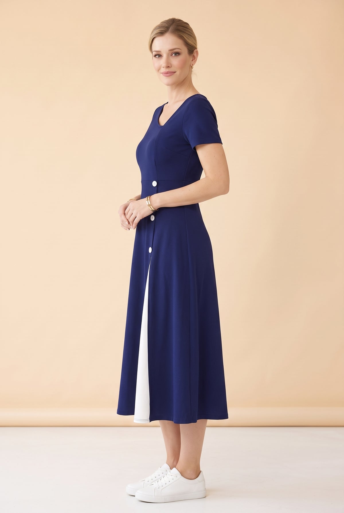 Short Sleeve Asymmetric Neck Midi Dress with Buttons in navy – photo 2
