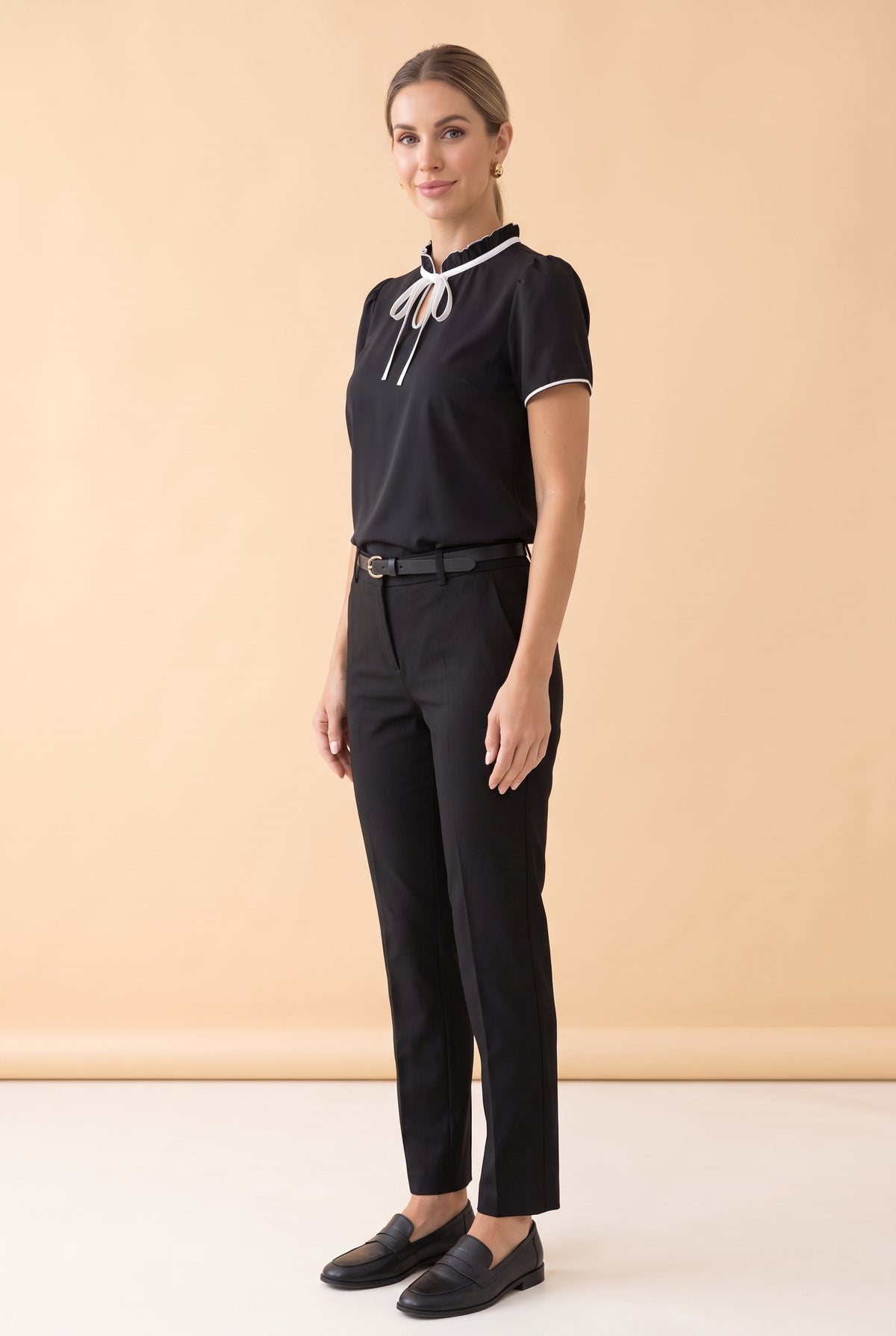 Ruffled Short Sleeve Tie Neck Crepe Blouse in black – photo 2