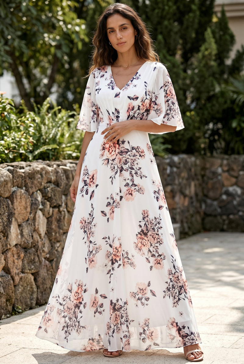 Floral V-Neck Short Sleeve Maxi Dress in white – photo 5