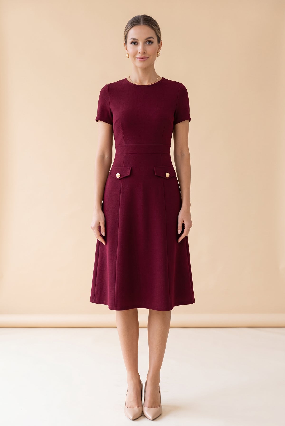 Short Sleeve Crew Neck Crepe Midi Dress with Pockets in burgundy – photo 2
