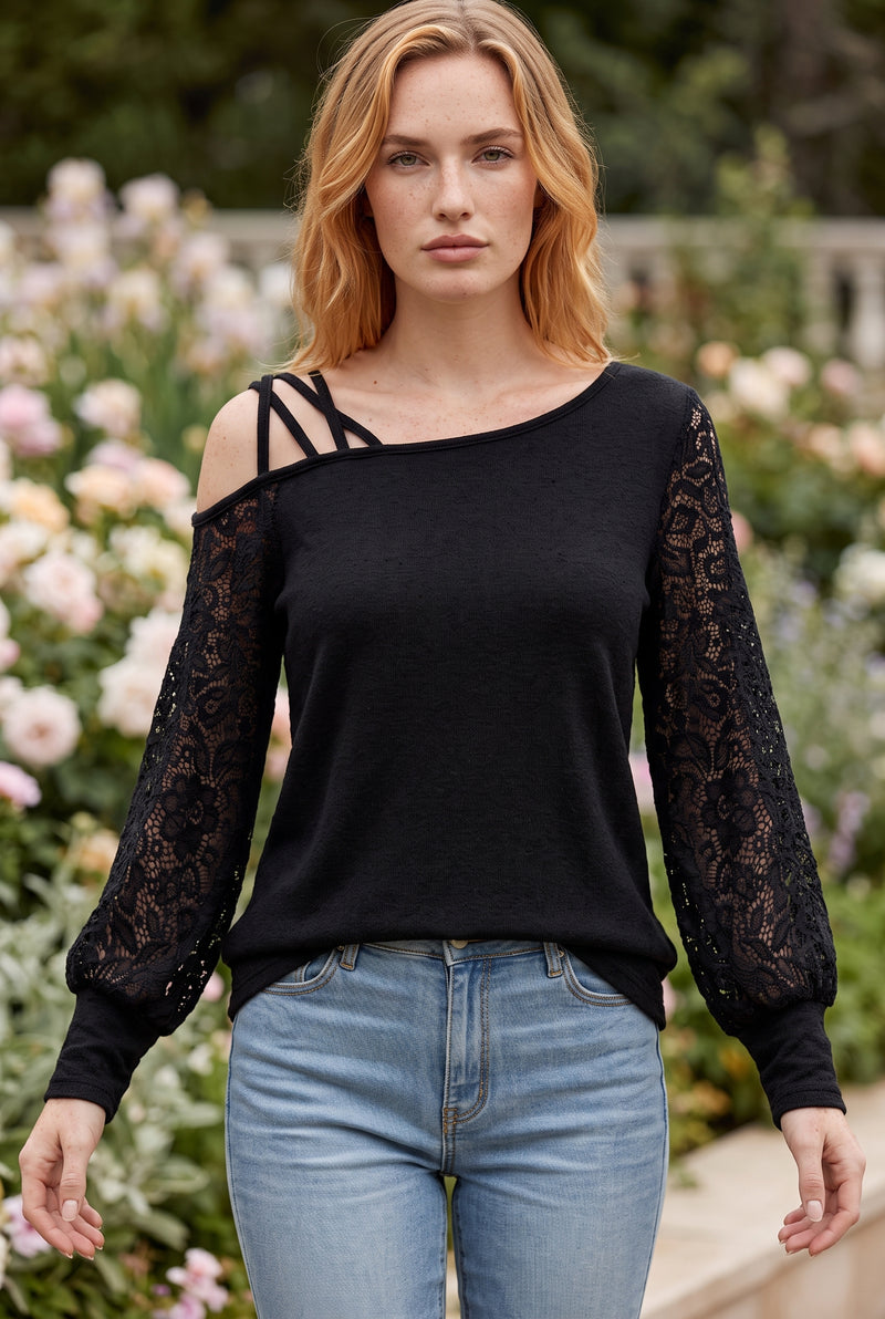 Schwarze Langarmbluse mit Spitze und One-Shoulder – Foto 5