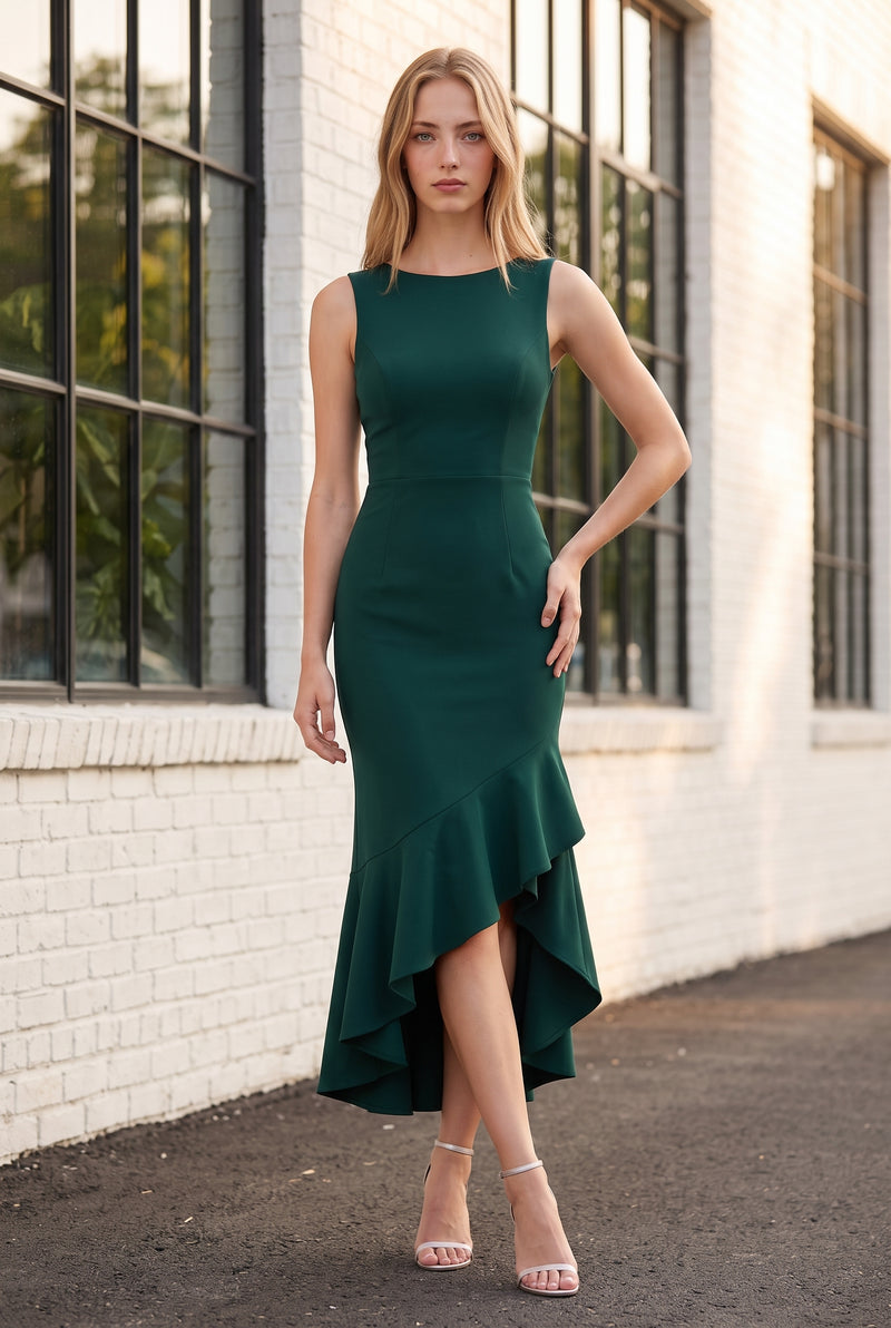 Ärmelloses Midikleid mit asymmetrischem Volantsaum in Grün – Foto 4